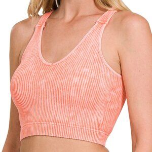 Washed Ribbed Cropped Seamless Bra Padded Tank Top Brami - Coral